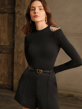 Fashionable Elegant Rhinestone Embellished Open Shoulder Ribbed Turtleneck Long Sleeve T-Shirt, Autumn